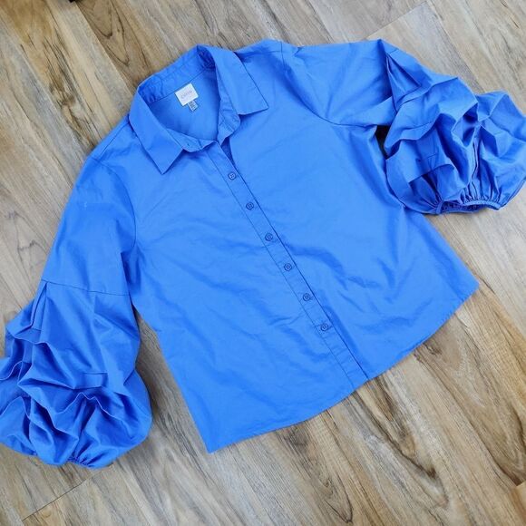 🔹️Cupio Blue Buttoned Bishop Long Sleeve Top Large - Picture 2 of 11